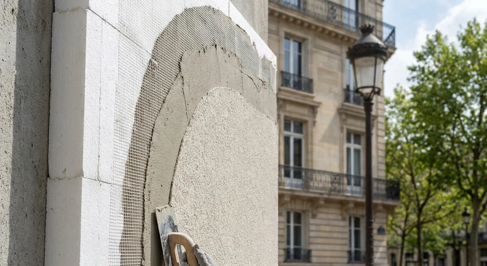 Photographie de détail montrant les couches d'isolation thermique par l'extérieur sur une façade de bâtiment : couche d'isolant (polystyrène, laine de roche ou fibre de bois), treillis armé, enduit, en cours de travaux ou fraîchement complétée. L'image doit clairement montrer les matériaux de construction utilisés pour l'ITE afin d'illustrer les travaux pour lesquels les aides RGE s'appliquent.