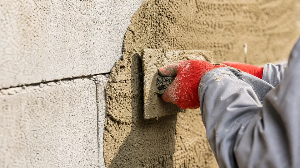 Extérieur d'une habitation, personne appliquant un revêtement mural texturé beige sur façade à l'aide d'un rouleau de peinture à manche télescopique